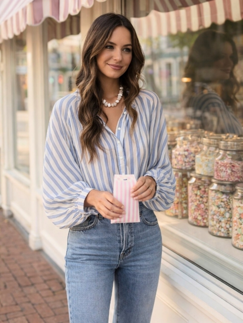 Striped Blue & White Button-Front Blouse